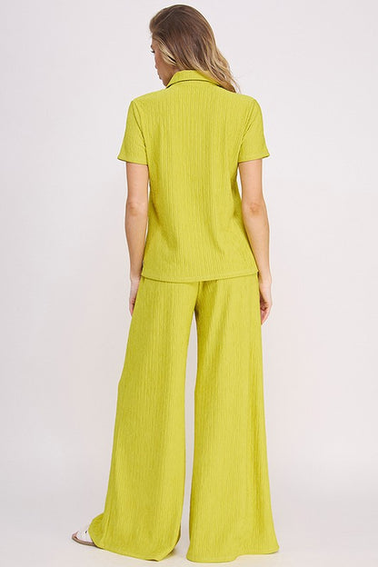 Textured Short Slv Button Down/wide Leg Pants Set (women's outfit sets) view 8 - shop at us.meeeshop