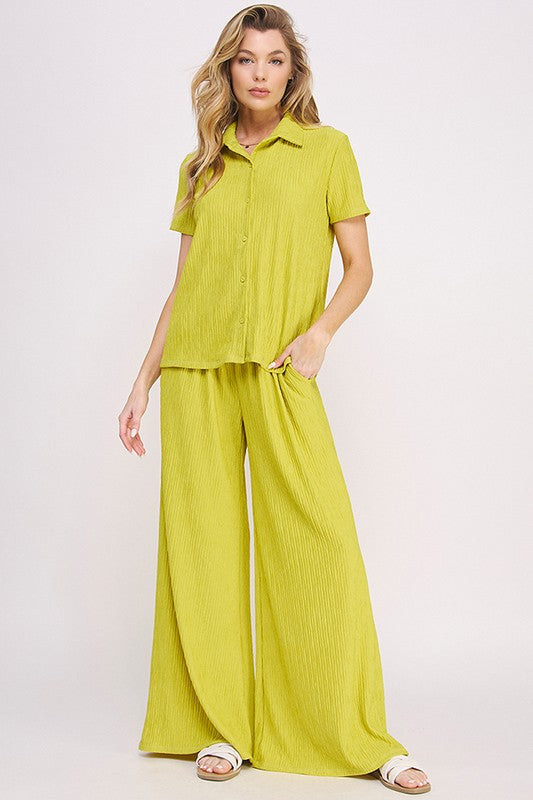 Textured Short Slv Button Down/wide Leg Pants Set (women's outfit sets) - shop at us.meeeshop