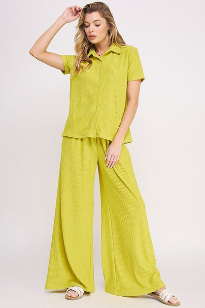 Textured Short Slv Button Down/wide Leg Pants Set (women's outfit sets) view 2 - shop at us.meeeshop