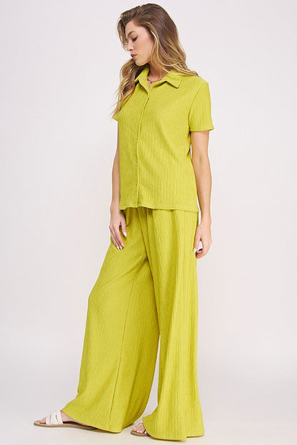 Textured Short Slv Button Down/wide Leg Pants Set (women's outfit sets) view 7 - shop at us.meeeshop