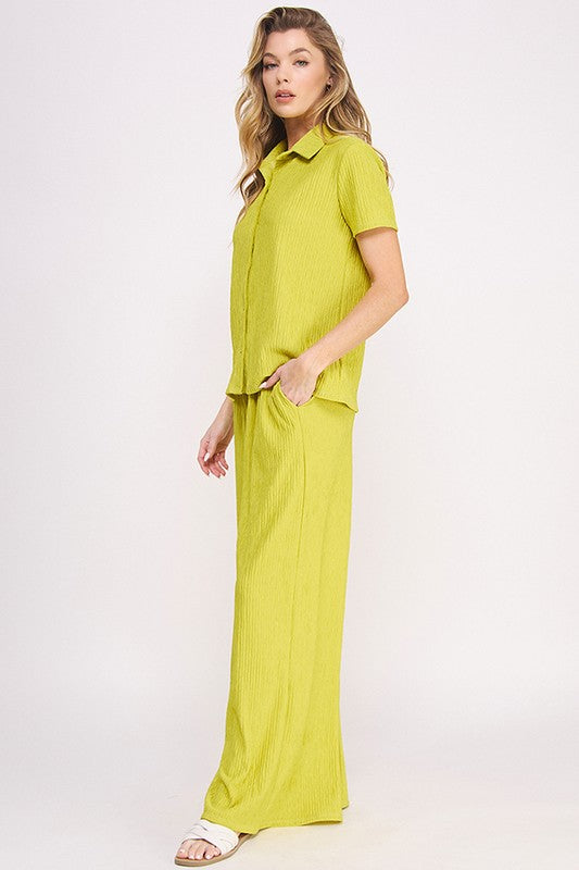Textured Short Slv Button Down/wide Leg Pants Set (women's outfit sets) view 6 - shop at us.meeeshop