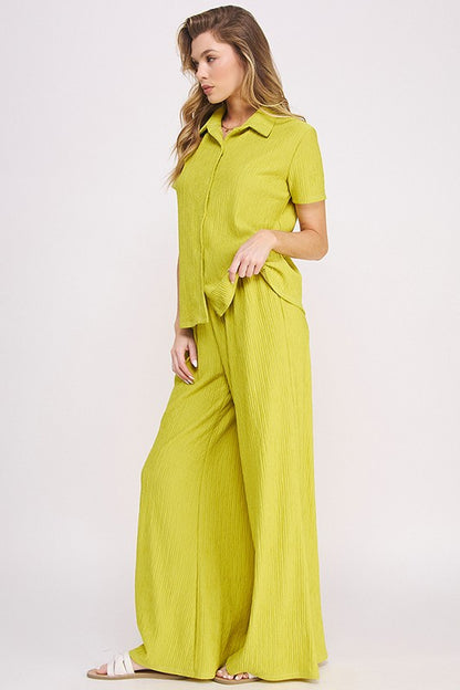 Textured Short Slv Button Down/wide Leg Pants Set (women's outfit sets) view 5 - shop at us.meeeshop