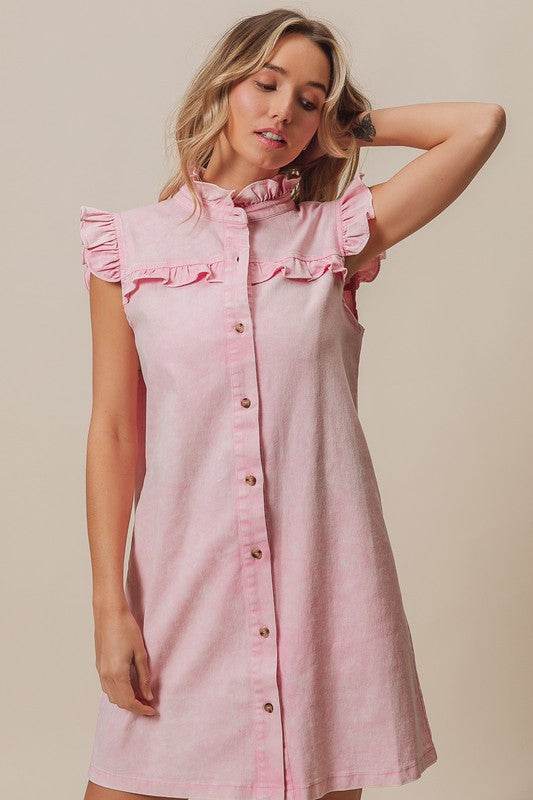 BiBi Washed Button Down Ruffled Cap Sleeve Denim Dress - us.meeeshop