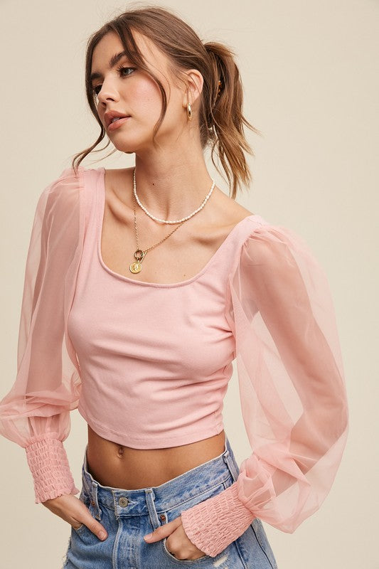 Listicle Square Neck Mesh Puff Sleeve Knit Top | us.meeeshop