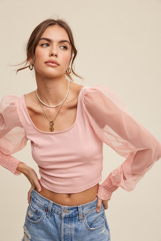 Listicle Square Neck Mesh Puff Sleeve Knit Top | us.meeeshop