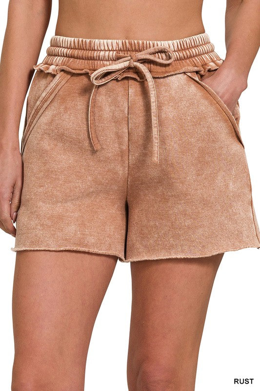 ZENANA Acid Wash Fleece Drawstring Shorts with Pockets | us.meeeshop