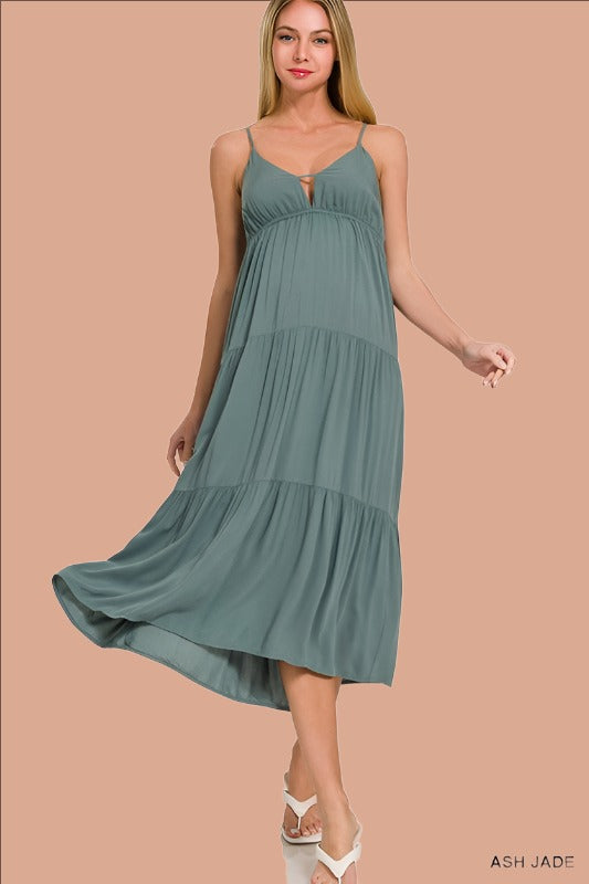 ZENANA Woven Sweetheart Neckline Tiered Cami Midi Dress | us.meeeshop