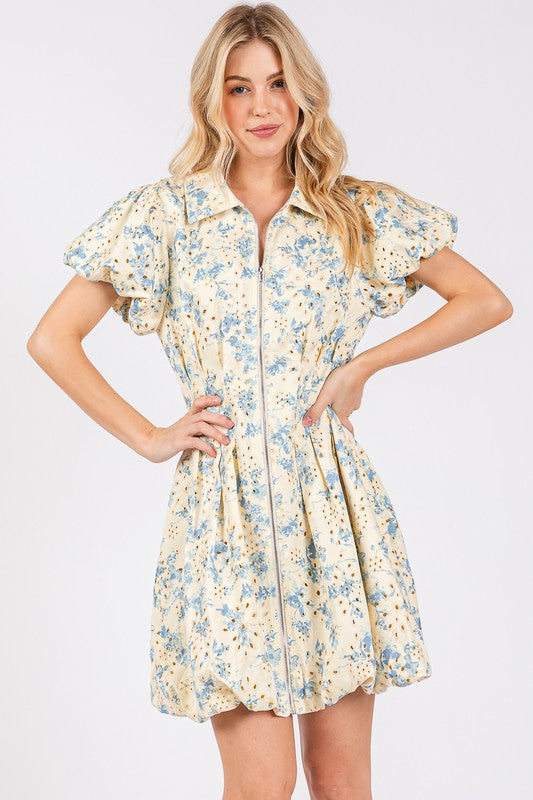 GeeGee Floral Eyelet Zipper Front Puff Sleeve Mini Dress - us.meeeshop