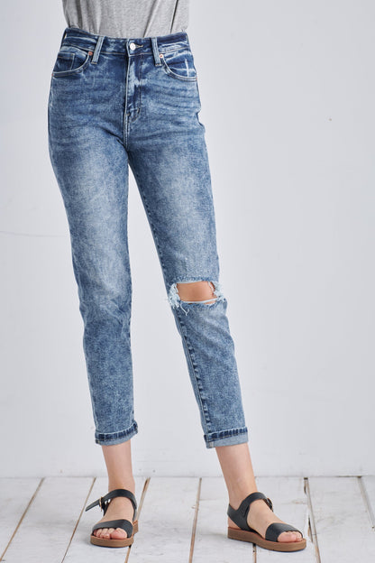 aubree high rise Aubree High Rise Stretch Distressed Mom Jeans view 3 (bottom) - shop at us.meeeshop