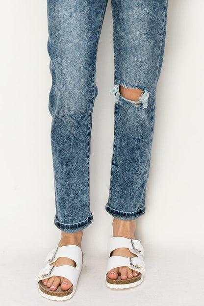 aubree high rise Aubree High Rise Stretch Distressed Mom Jeans view 8 (bottom) - shop at us.meeeshop