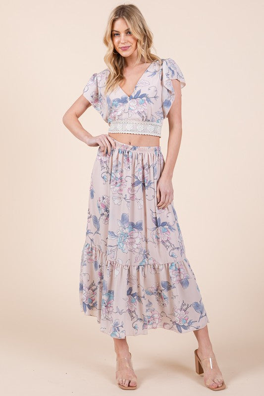 Floral Print Skirt Set with Tie Back Blouse | us.meeeshop