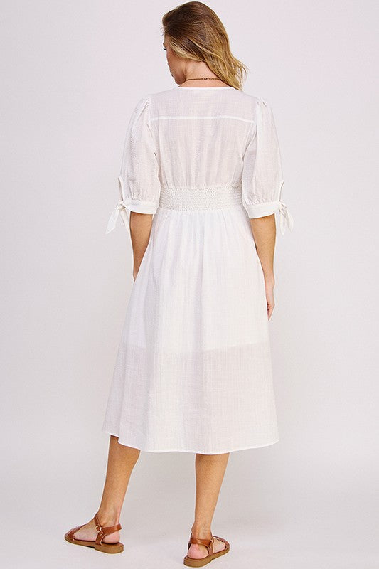 puff slv texture 3/4 Puff Slv Texture Vneck Button Down Midi Dress view 8 (dress) - shop at us.meeeshop