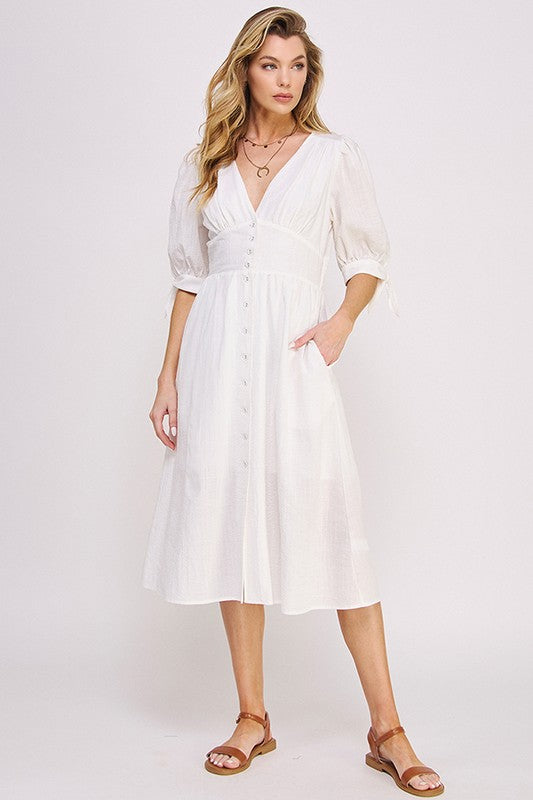 puff slv texture 3/4 Puff Slv Texture Vneck Button Down Midi Dress BLACK (dress) - shop at us.meeeshop