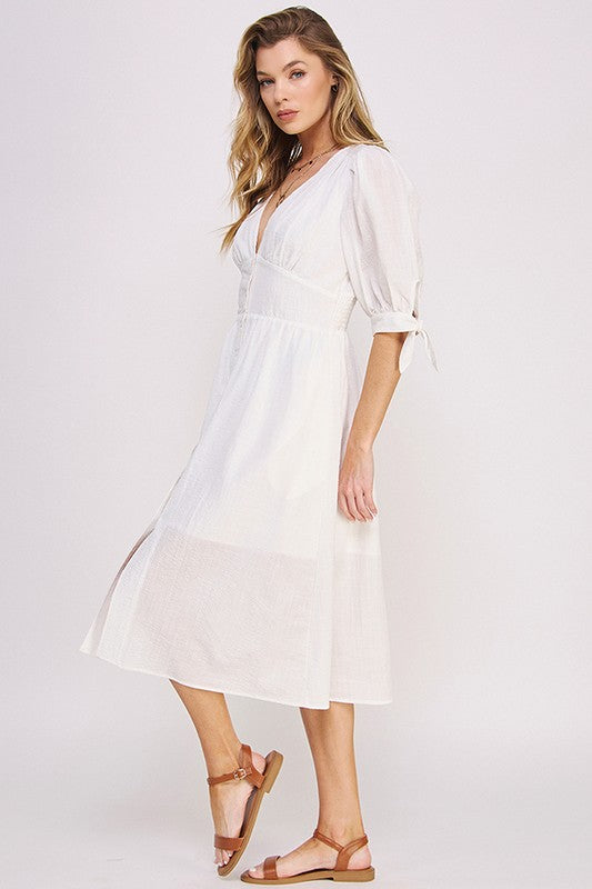 puff slv texture 3/4 Puff Slv Texture Vneck Button Down Midi Dress view 7 (dress) - shop at us.meeeshop