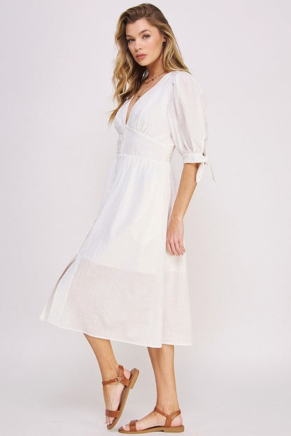 puff slv texture 3/4 Puff Slv Texture Vneck Button Down Midi Dress view 7 (dress) - shop at us.meeeshop