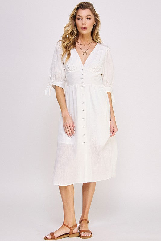 puff slv texture 3/4 Puff Slv Texture Vneck Button Down Midi Dress view 3 (dress) - shop at us.meeeshop