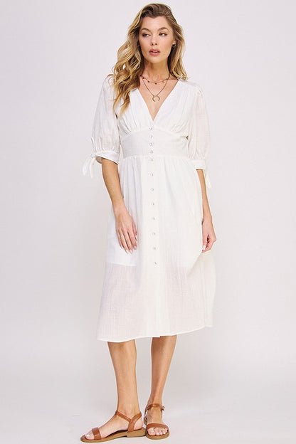 puff slv texture 3/4 Puff Slv Texture Vneck Button Down Midi Dress view 3 (dress) - shop at us.meeeshop