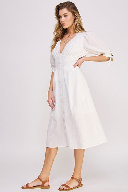 puff slv texture 3/4 Puff Slv Texture Vneck Button Down Midi Dress view 5 (dress) - shop at us.meeeshop
