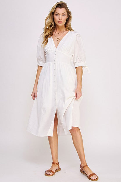 puff slv texture 3/4 Puff Slv Texture Vneck Button Down Midi Dress view 2 (dress) - shop at us.meeeshop