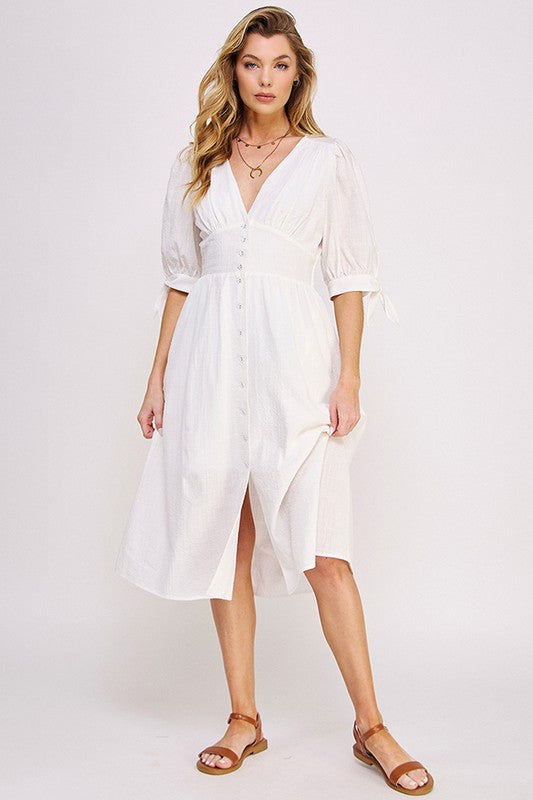 puff slv texture 3/4 Puff Slv Texture Vneck Button Down Midi Dress view 2 (dress) - shop at us.meeeshop