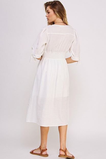 puff slv texture 3/4 Puff Slv Texture Vneck Button Down Midi Dress view 9 (dress) - shop at us.meeeshop
