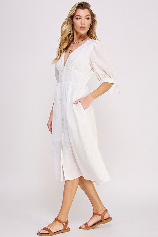 puff slv texture 3/4 Puff Slv Texture Vneck Button Down Midi Dress view 6 (dress) - shop at us.meeeshop