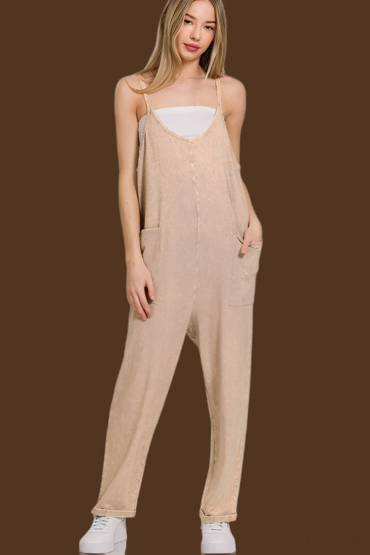 ZENANA Washed Spaghetti Straps Overalls with Pockets | us.meeeshop