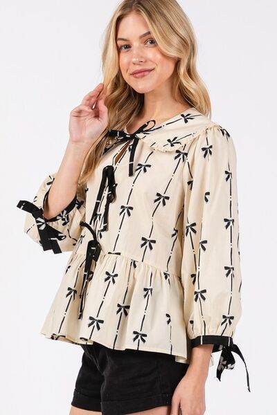 SAGE + FIG Bow Print Tie Front Babydoll Blouse - us.meeeshop