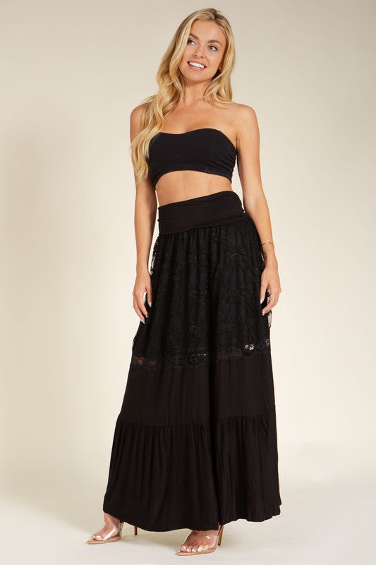 Lace Combo Tier Ruffle Maxi Skirt | us.meeeshop