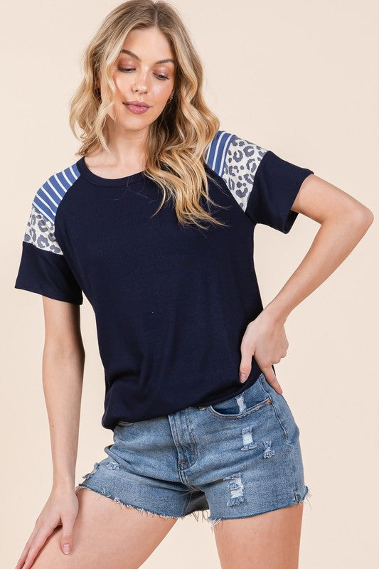 Contrasted Sleeve Ribbed Jersey Top | us.meeeshop