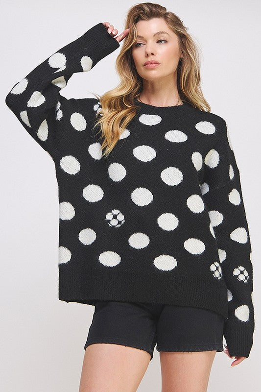 Polka Dot/soccer Ball Long Sleeve Knit Sweater | in BLACK | view 6 | Jade By Jane | us.meeeshop