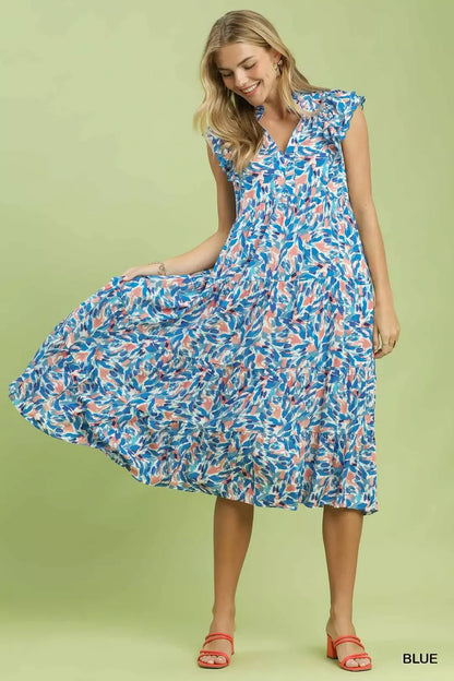 umgee leaf print Umgee Leaf Print Midi Tiered Dress with Side Pockets view 5 (dress) - shop at us.meeeshop