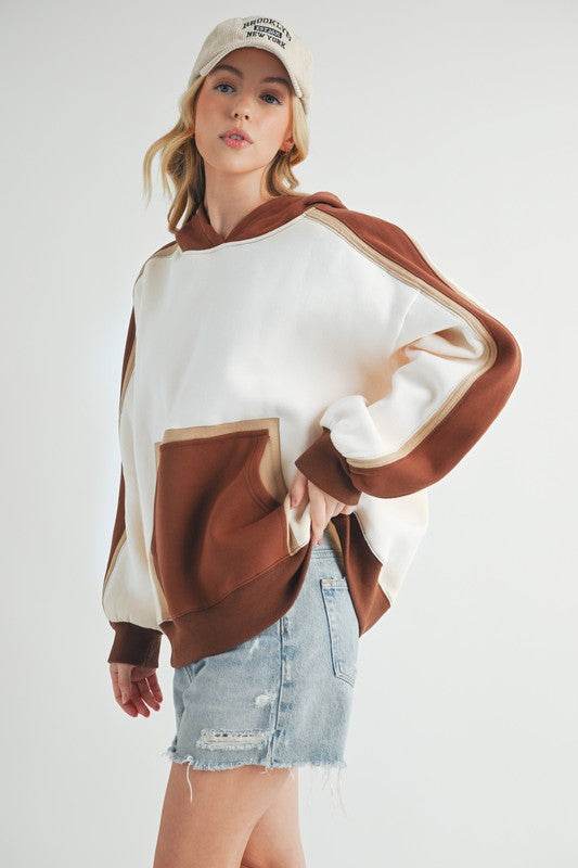 Aemi + Co Color Block Kangaroo Pocketed Hoodie in Oatmeal - us.meeeshop