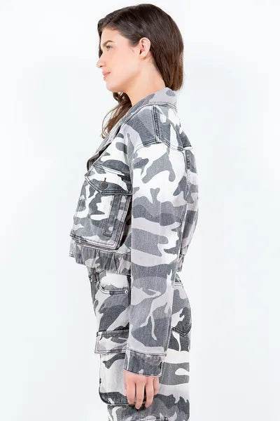 American Bazi Camouflage Zip Up Cropped Rider Jacket - us.meeeshop