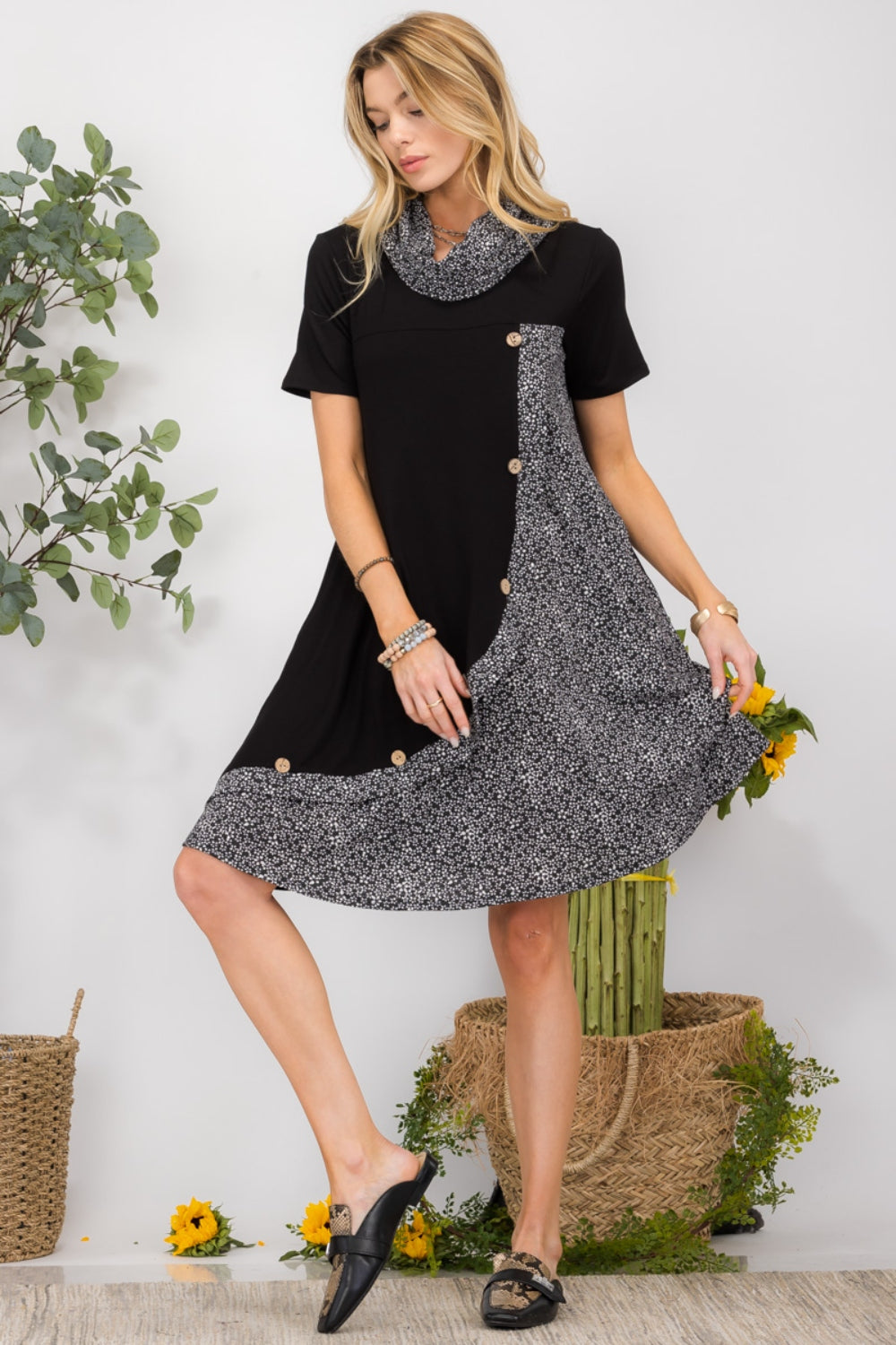 Celeste Full Size Decor Button Short Sleeve Dress with Pockets | us.meeeshop