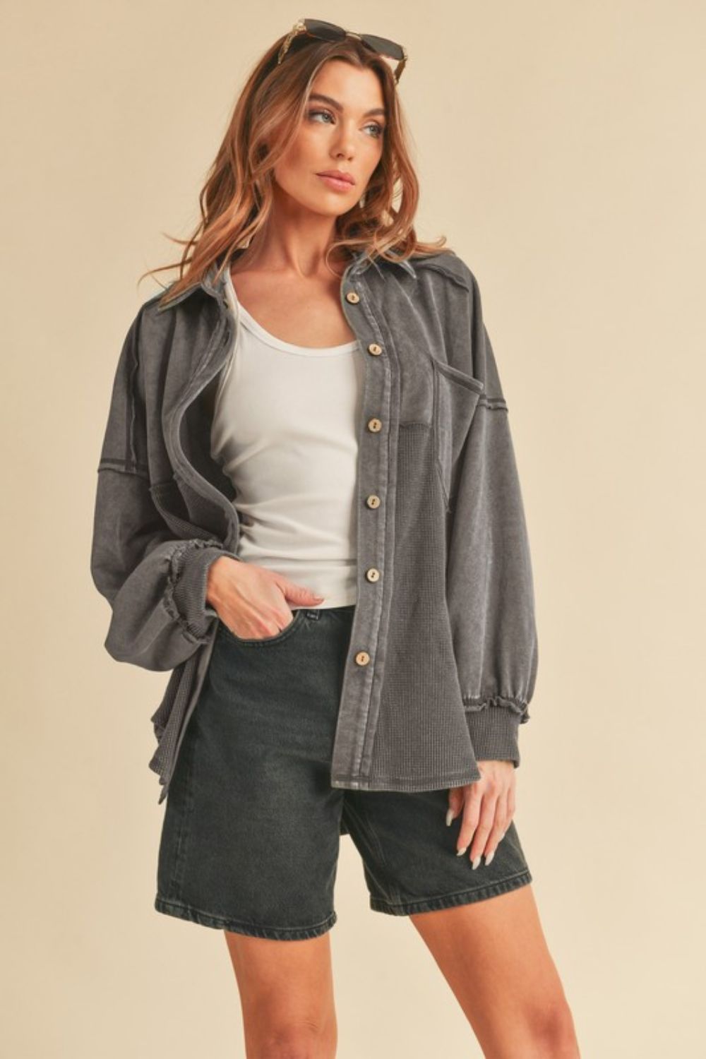 Aemi + Co Acid Washed Exposed Seam Button Up Jacket in Charcoal - us.meeeshop