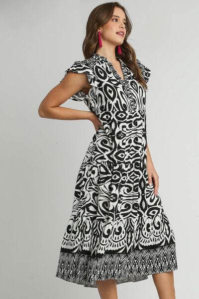 Umgee Two Tone Border Print Ruffle Cap Sleeve Midi Dress Plus Size - us.meeeshop