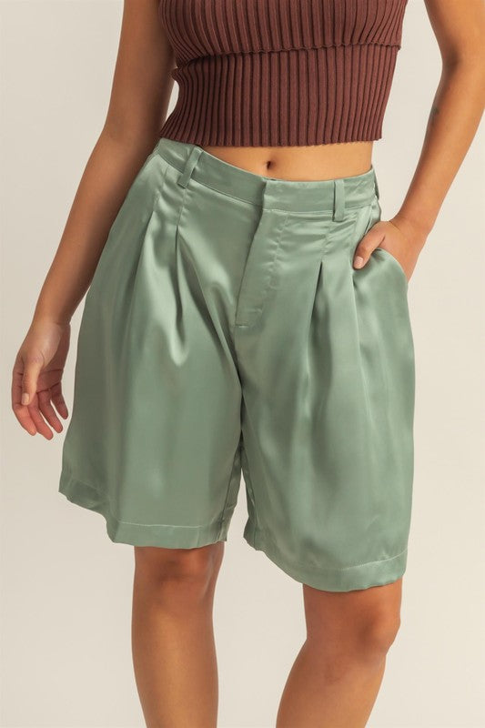 HYFVE High-Waist Pleated Satin Shorts in Matcha Green - us.meeeshop