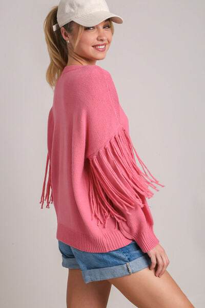 Umgee Fringe Round Neck Long Sleeve Sweater Plus Size - us.meeeshop