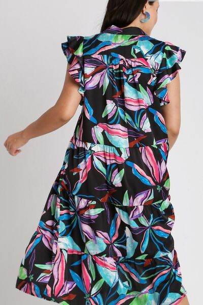 Umgee Leaf Print Double Layered Ruffle Sleeve Tiered Midi Dress Plus Size - us.meeeshop