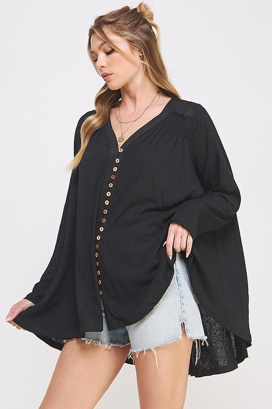 long sleeve neck Long Sleeve V-neck Oversized Button Down Tunic view 2 (top) - shop at us.meeeshop