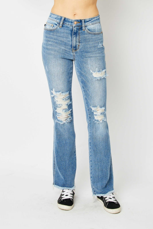 Judy Blue Full Size Distressed Raw Hem Bootcut Jeans | us.meeeshop