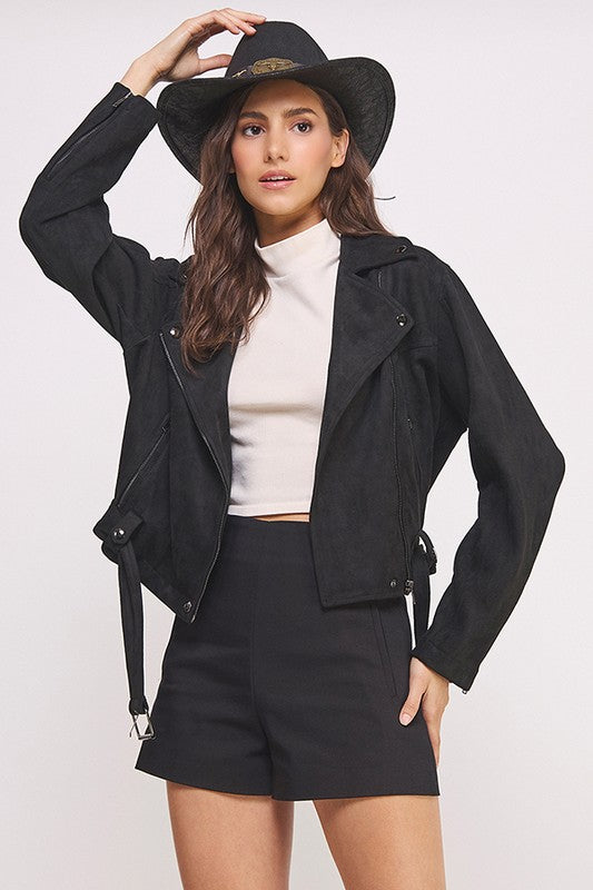 Belted Long Sleeve Zippered Suede Moto Jacket | view 15 | Jade by Jane | us.meeeshop