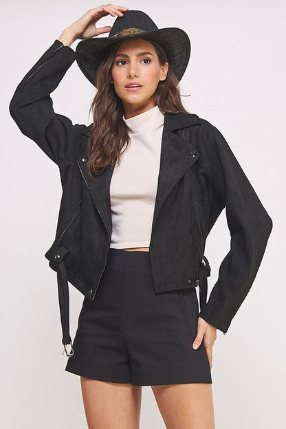 Belted Long Sleeve Zippered Suede Moto Jacket | view 15 | Jade by Jane | us.meeeshop