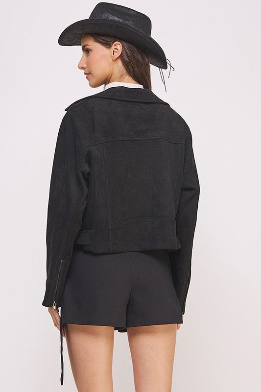 Belted Long Sleeve Zippered Suede Moto Jacket | view 16 | Jade by Jane | us.meeeshop