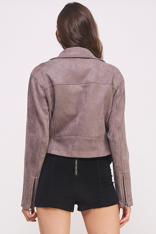 Belted Long Sleeve Zippered Suede Moto Jacket | view 13 | Jade by Jane | us.meeeshop