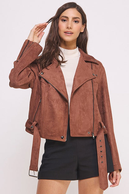 Belted Long Sleeve Zippered Suede Moto Jacket | view 2 | Jade by Jane | us.meeeshop