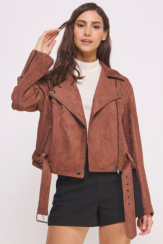 Belted Long Sleeve Zippered Suede Moto Jacket | view 2 | Jade by Jane | us.meeeshop