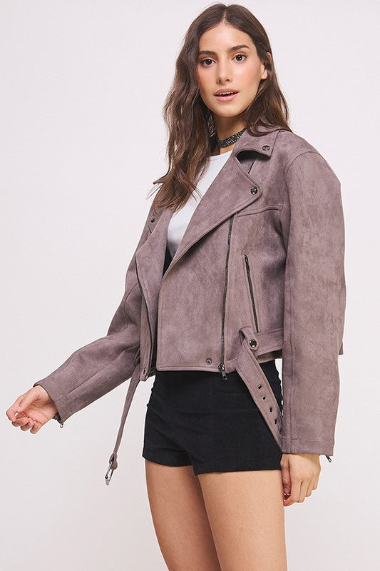 Plus Belted Long Sleeve Zippered Suede Moto Jacket us.meeeshop -  Coats & Jackets