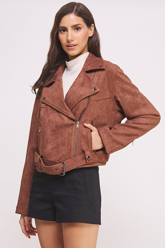 Plus Belted Long Sleeve Zippered Suede Moto Jacket | in CHOCOLATE | view 13 | Jade By Jane | us.meeeshop